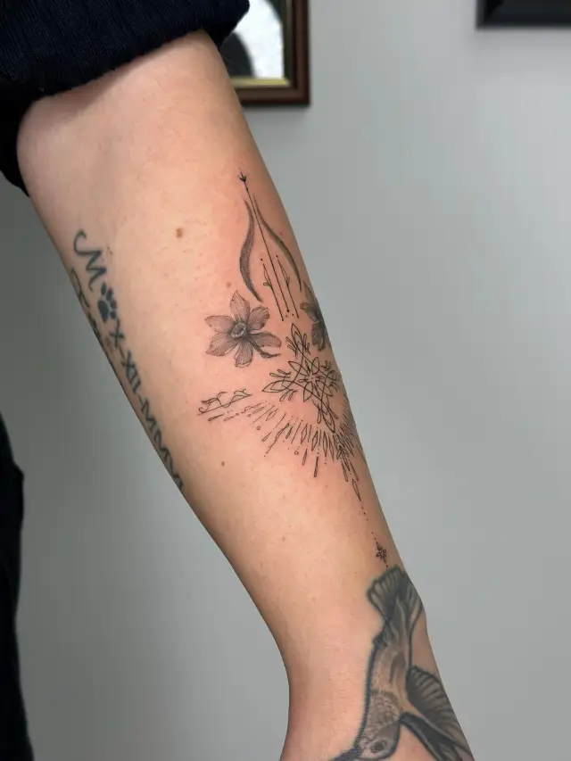 Fine line tetovaža poljskog cvijeća i maslačka duž podlaktice, freshly tattooed